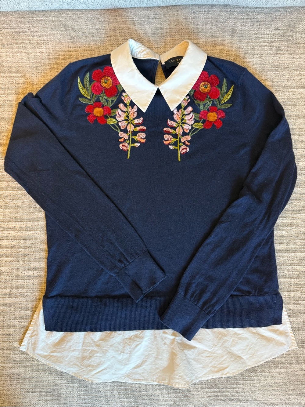 Ted Baker Toriey Navy Floral Embroidered Layered Sweater White Collar Size 0